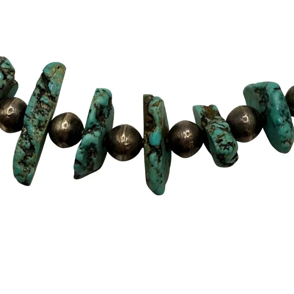 Exceptional Vintage Nugget Turquoise & Sterling? Silver Bench Bead Necklace‎